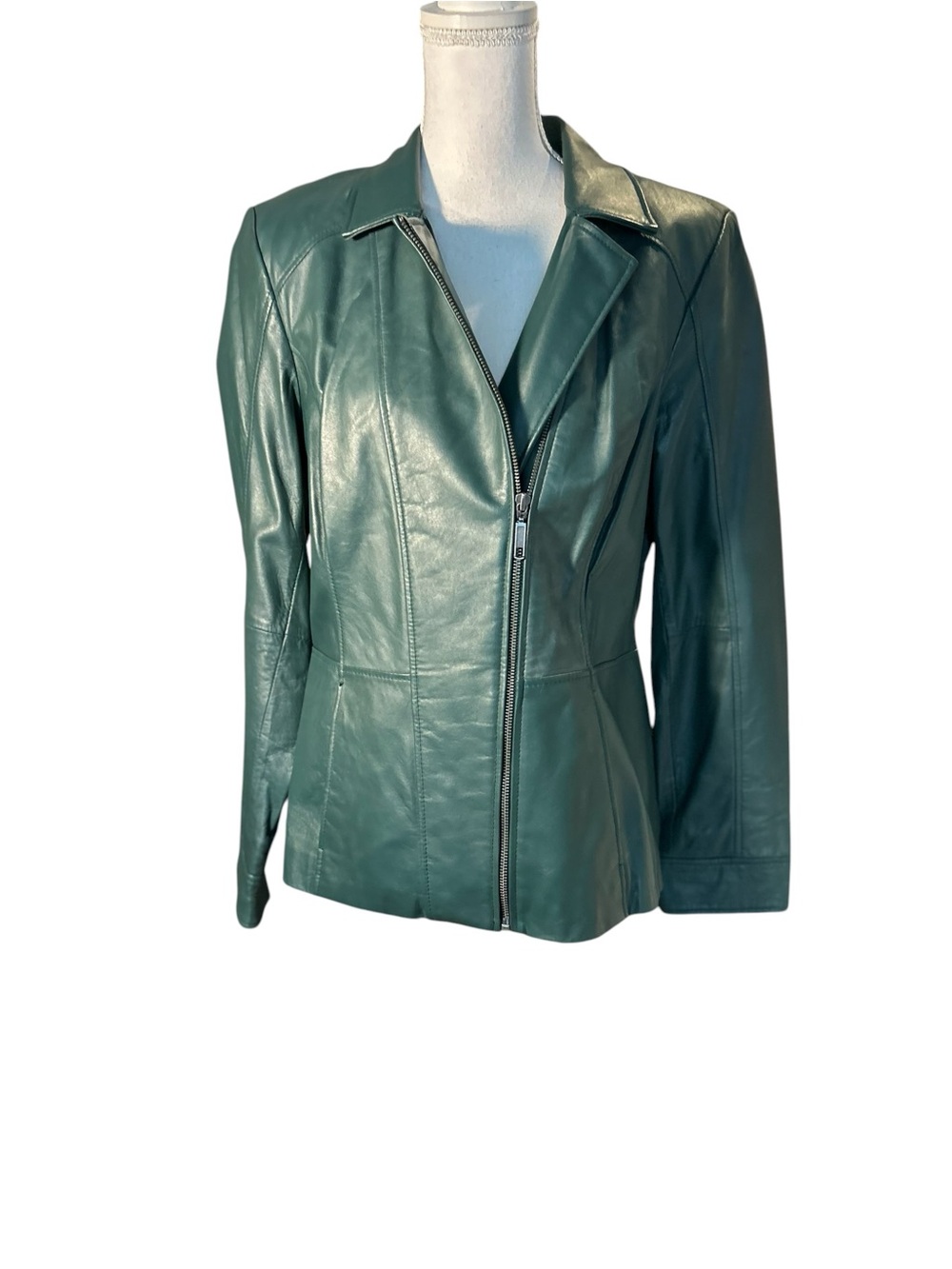 Women's Teal Leather Zip-Front Jacket - Sleek Fitted Style - Picture 9 of 9